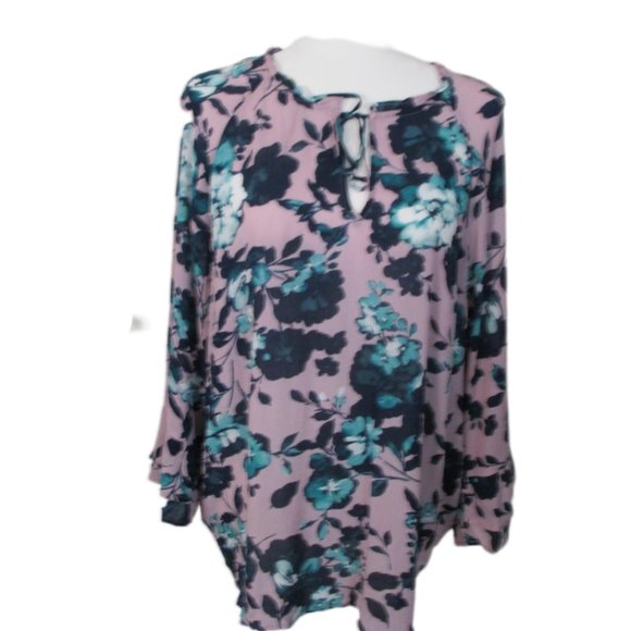J. Jill Pink Floral Rayon Long Bell Sleeve Tie Neck Top Size L - Picture 8 of 12